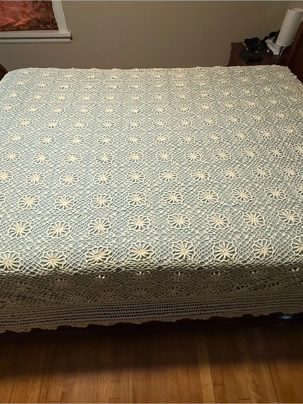 Handmade Crochet Bedspread in Cream and Light Blue